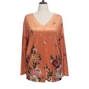 NWT Coeur De Vague XL Tunic Top Orange Floral V-Neck Stretch Long Sleeve